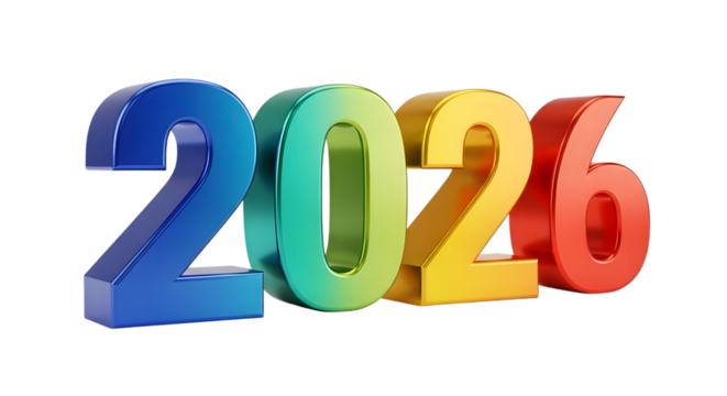 Colorful 3d numbers 2026 isolated on transparent background