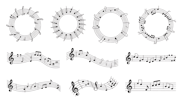 White musical notes and staffs arranged in circular and linear patterns on black background Premium PNG Icon Set – Flat, Minimal & Transparent Icons for Any Project