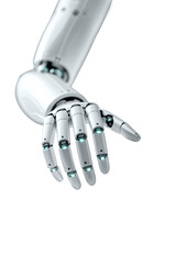 Futuristic humanoid robot hand extended with illuminated fingertips, shown against a transparent background, to emphasize advanced sensor technology and sleek industrial design.