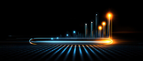 Futuristic progress bar glowing neon line data analytics digital graph technology background abstract light speed concept performance growth cyber grid dark backdrop with blue and orange glow