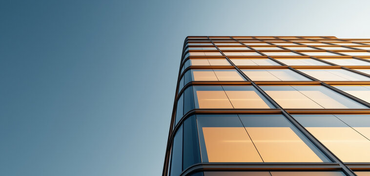 Modern glass facade contemporary architecture office building corporate tower reflective windows golden sunset light low angle view urban skyline sleek design minimal aesthetic