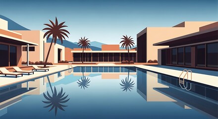 Fototapeta premium Palm Springs architecture illustration featuring pool, lounge and landscape
