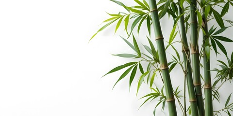 Lush Green Bamboo Stems with Fresh Leaves Against White Background