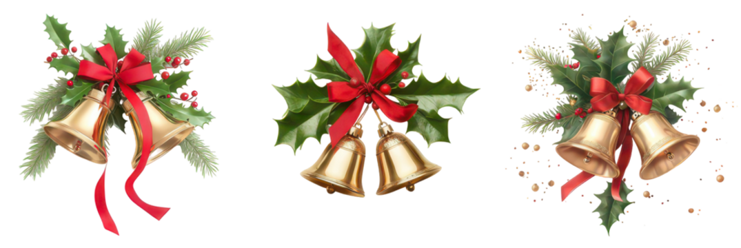  Festive Trio: Three beautifully adorned sets of golden bells, each uniquely decorated with vibrant red ribbons, lush green leaves, and delicate holly berries. - Powered by Adobe