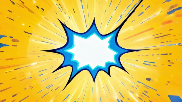 Yellow comic book style background with a white explosion speech bubble and blue speed lines. Action anime pop art motion graphic for text or sales.