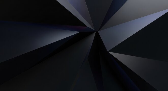 3d Dynamic abstract dark black background geometric shards radiating from center creating a modern, sophisticated, and exclusive dimensional backdrop.