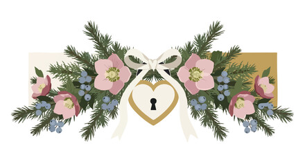 A charming symmetrical winter floral illustration featuring pink flowers, blue berries, evergreen branches, and a central heart padlock with a ribbon.