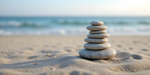 Tranquil Balance of Smooth Stones Stacked on Sandy Beach Shoreline