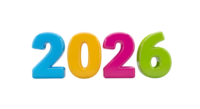 Colorful 2026 numbers isolated on transparent background