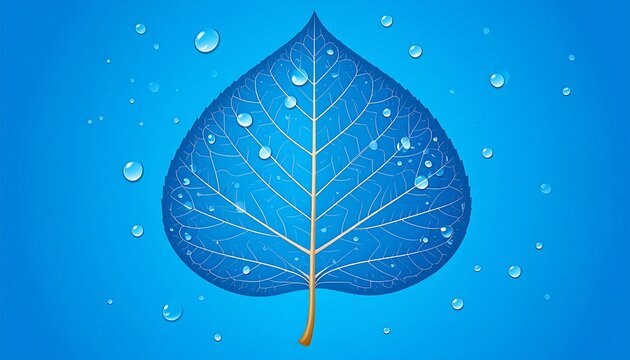 A blue heart-shaped leaf with water droplets floats on a soft blue background. Graphic, clean, symmetrical