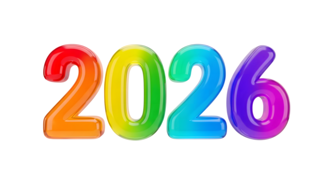 Colorful 2026 numbers isolated on transparent background
