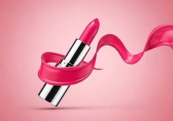A vibrant pink lipstick with a glossy finish, elegantly wrapped in a flowing ribbon against a soft pink gradient background, symbolizing beauty and glamour