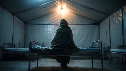 Einsame Person sitzt in provisorischer Notunterkunft
