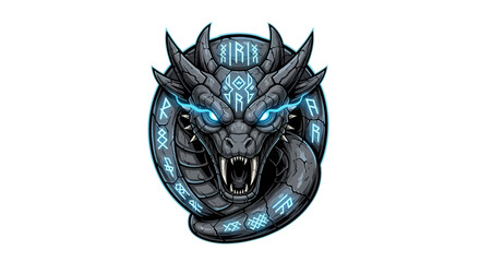 Naklejka premium A digital illustration of a dragon head mascot with glowing blue eyes and sharp teeth on a white background with a circular design.