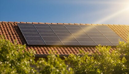 Solar panels on a red tile roof with green foliage in the foreground.