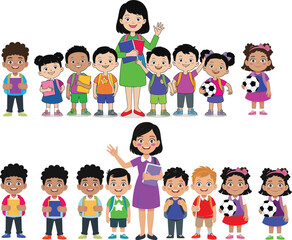 Happy teacher standing with diverse group of cheerful school children holding books and backpack in classroom education concept illustration