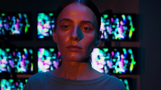 Moody portrait woman with colorful neon light and multiple television screens background, artistic expression, futuristic digital art, creative