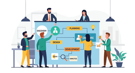 Diverse team collaborates on a project workflow diagram illustrating discovery planning design development and analysis stages