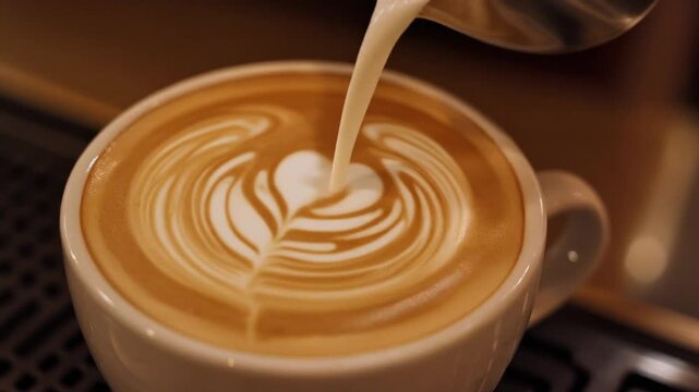 Captivating close-up of a skilled barista meticulously pouring steamed milk into a coffee cup, expertly crafting intricate heart-shaped latte art for a delightful beverage