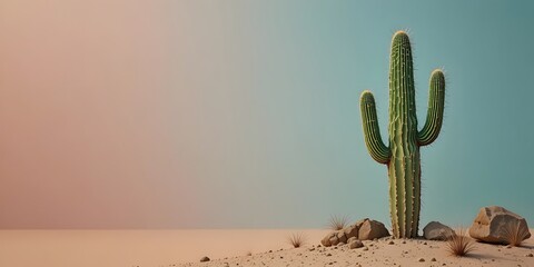 Lone Saguaro Cactus in Desert Landscape Against Colorful Sky