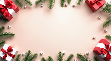 Christmas gift composition with fir branches and red ribbon boxes on pastel background