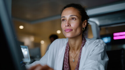 A focused scientist in a lab coat analyzes data while deeply engaged with a computer, illustrating the determination and advancement in scientific exploration and technology.