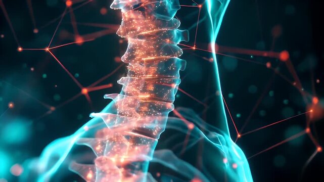 3D rendered, highresolution digital artwork of a human spine, showcasing intricate details of the spines structure and network lines. The spine is depicted in a vibrant blue and red hue.