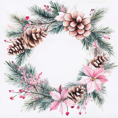 Fototapeta premium Winter's Embrace: A delicate winter wreath, its circular form adorned with pinecones, evergreen sprigs, and gentle floral accents, all celebrating the season's tranquility.