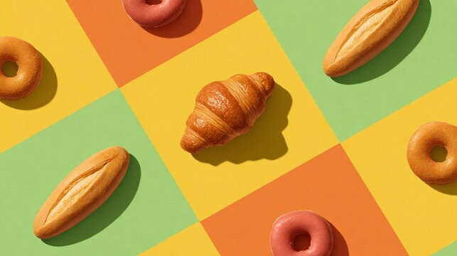 Baking delights croissant and donuts on colorful background food photography vibrant setting aesthetic appeal