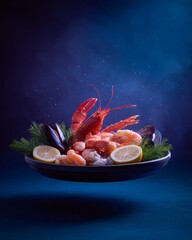 Culinary artistry seafood platter with lobster and shrimp studio photography dark blue background gourmet presentation