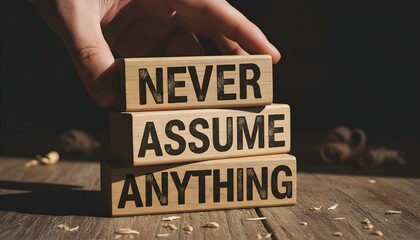 A hand stacks wooden blocks with the words "NEVER ASSUME ANYTHING" printed on them, conveying a message about avoiding assumptions.