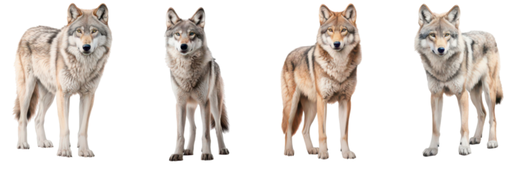 Wolves Portrait : A captivating composition featuring four majestic wolves in varied poses, showcasing their dignified presence and untamed grace. A symbol of strength and survival in the wilderness.