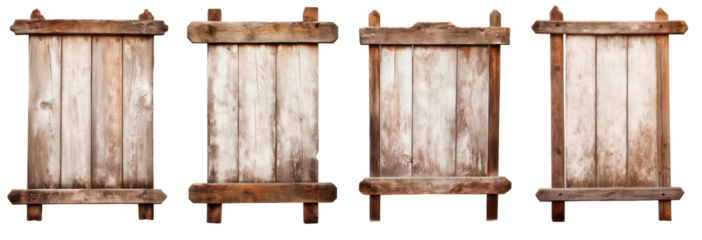 Wooden Signs Display: Four weathered wooden signs stand in a row, each exhibiting unique textures and aging, offering a rustic aesthetic.