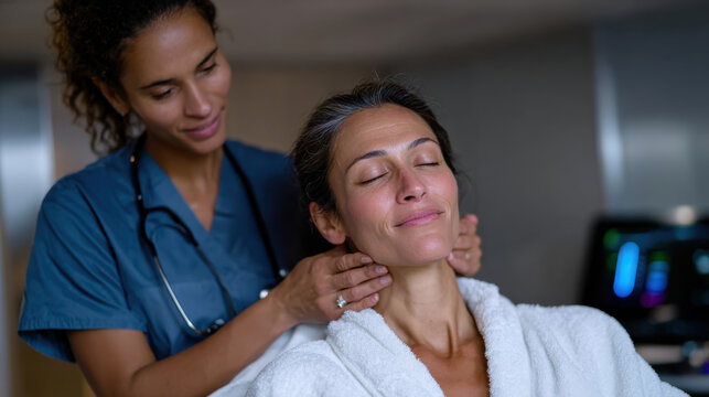 A serene scene capturing the essence of relaxation and care, featuring a therapist providing a soothing massage to a client in a tranquil setting focusing on wellness.