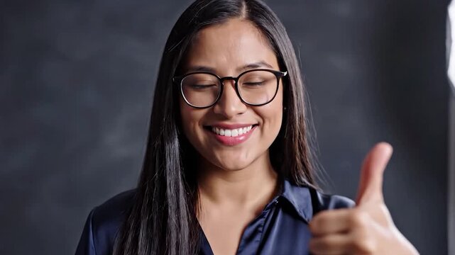 Happy woman with glasses gives thumbs up smiling at camera.