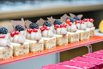 Karisik Turk tatlilari. New dessert varieties at the  luxury hotel open buffet. Milk-based desserts,  Turkish Dessert Sobiyet, havuc dilimi, midye baklava, mussels baklava and classic baklava. 