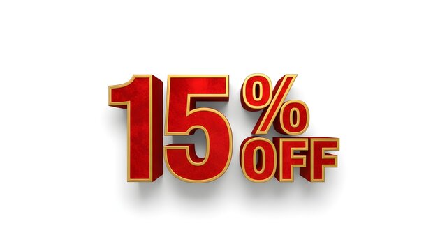 Red and gold 3D rendered text displaying a 15 percent off discount offer on a white background.