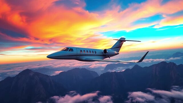 A private jet in the sky with clouds sky above high mountains. Concept of comfortable flight, airplane travel