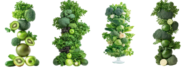 Green Towers: A colorful display featuring artful arrangement of varied organic fruit and vegetable ingredients.