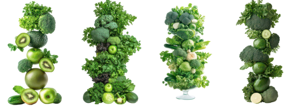 Green Towers: A colorful display featuring artful arrangement of varied organic fruit and vegetable ingredients.