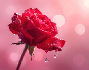 A close-up of a vibrant red rose with dew drops, set against a soft pink background, capturing the beauty and freshness of nature.