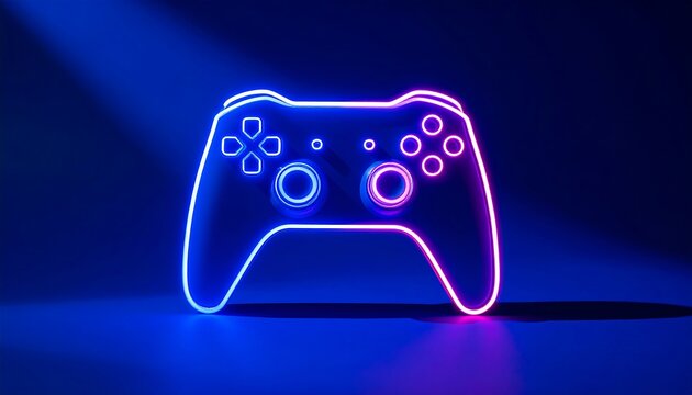 Neon game controller glowing in the dark, symbolizing video gaming and digital entertainment with vibrant blue and pink lights