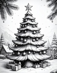 Obraz premium A beautifully decorated Christmas tree with ornaments stands in a winter landscape, surrounded by snow and presents, evoking holiday cheer and a festive atmosphere.