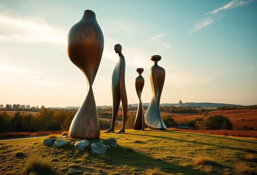 Abstract bronze sculptures arranged in a Romanian landscape,  hills,  metal
