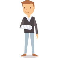 Sad Man With Broken Arm In White Sling Standing With Gray Sweater And Light Blue Pants On White Transparent Background