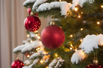 Close-Up of Red Christmas Ornaments on Snowy Tree Branches