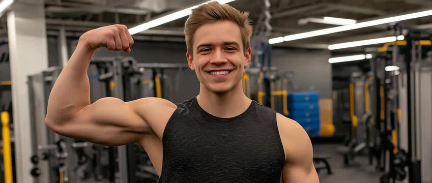 A youthful, fit man proudly flexes both arms to show off his strong biceps at a modern training facility. idea of strength, confidence, improving fitness, and leading a healthy lifestyle.