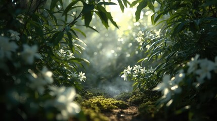 A serene forest pathway framed by lush greenery and blooming white flowers, illuminated by soft sunlight filtering through the trees.