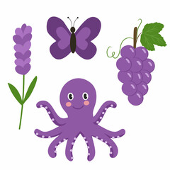 Educational illustration showing purple objects for color learning. Includes octopus, butterfly, lavender, and grapes. Great for preschool color education, printable worksheets, and classroom resource