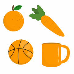 Educational illustration showing orange objects for kids to learn colors. Includes carrot, orange fruit, basketball, and mug. Perfect for preschool learning, color recognition, and printable worksheet